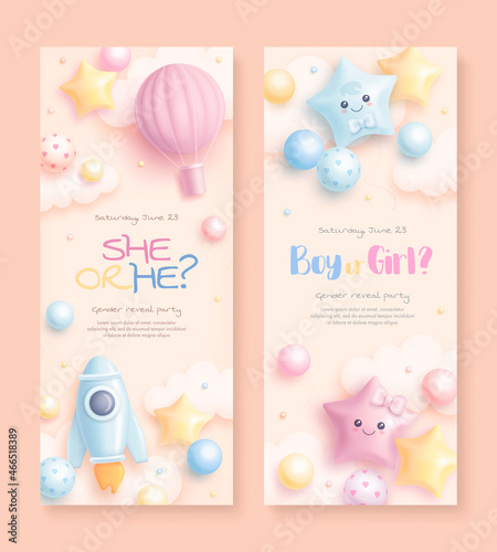 He or she. Boy or girl. Set of cartoon gender reveal roll up template. Horizontal banner with realistic rocket, hot air balloon and helium balloons. Vector illustration