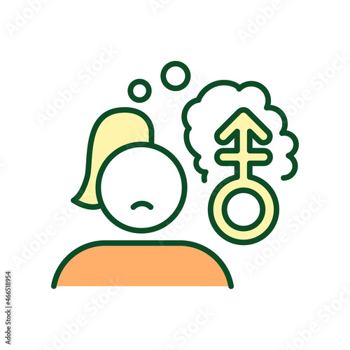 Biased view of androgyny RGB color icon. Androgynous gender stereotypes. Identifying gender identity. Mixed biological sex features. Isolated vector illustration. Simple filled line drawing