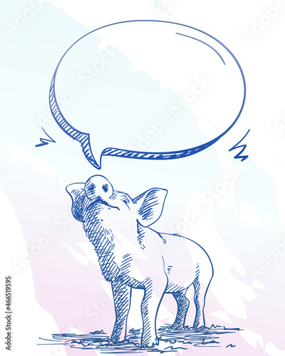Sketch of pig sniffs speech bubble, Hand drawn blue vector illustration