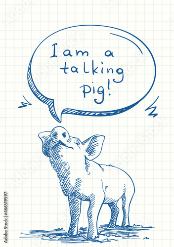 Talking pig sniffs speech bubble, Blue pen sketch on square grid notebook page, Hand drawn vector illustration