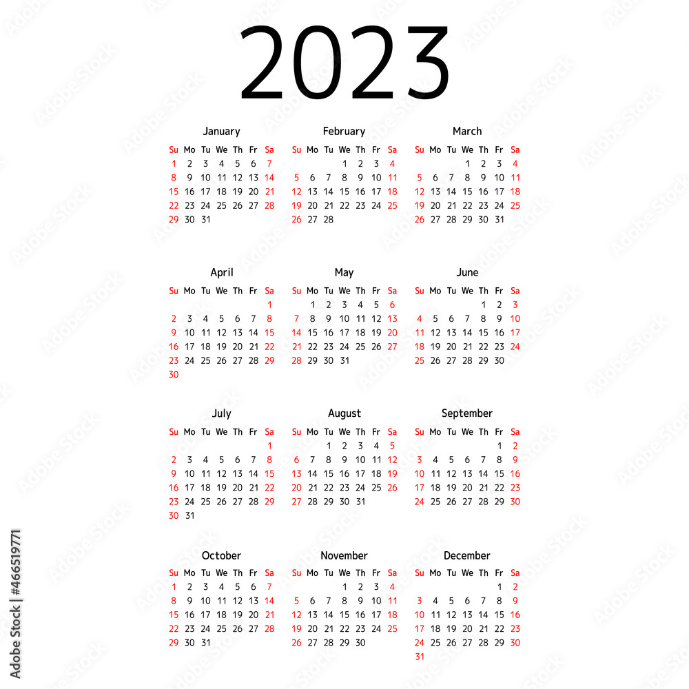 English calendar for 2023. Week starts on Sunday. Vector illustration. English calendar for 2023. Week starts on Sunday. Vector illustration.