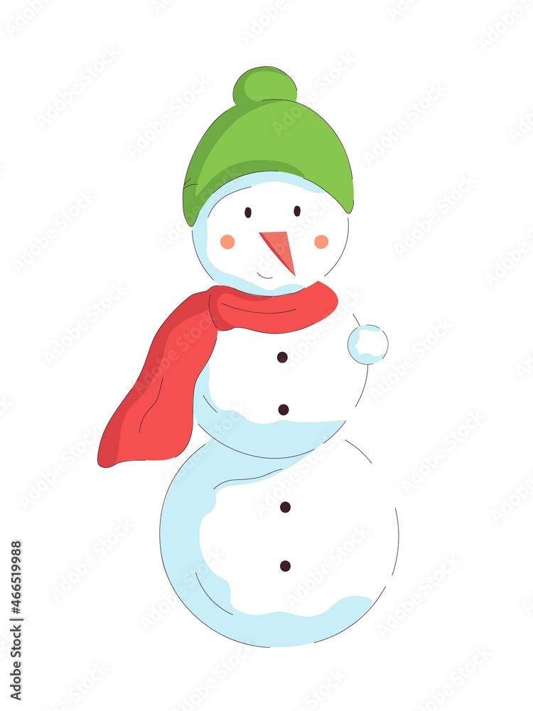 Cute snowman in hat and scarf. Vector holiday illustration in flat style