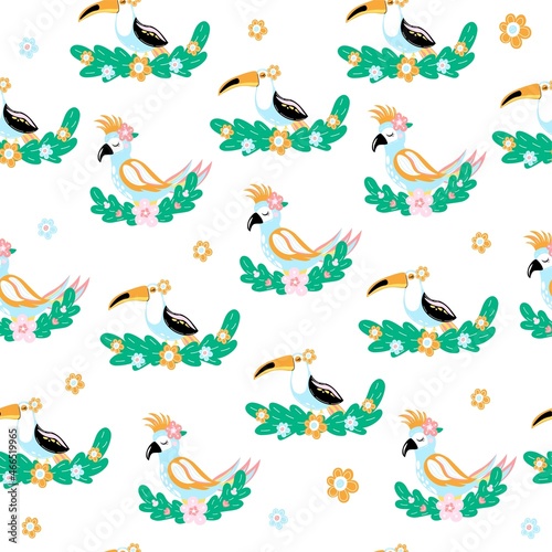 Kids seamless pattern with cute parrot and toucan. Children wallpaper for playroom and bedroom