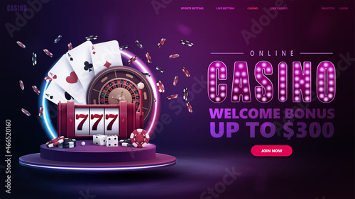 Online casino, welcome bonus, banner for website with button, slot machine, Casino Roulette, poker chips, playing cards on podium with round neon frame