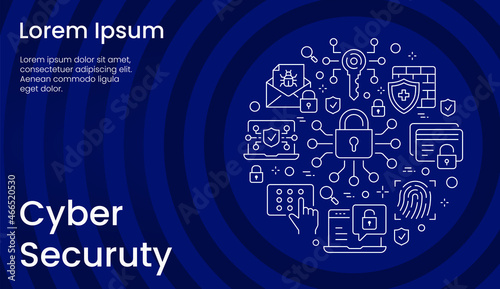 Cyber security circle template flat line icons. Set of antivirus, protection, defense and more.
