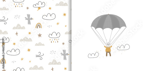 Seamless background and card with a cute bunny on a parachute. Travel and adventure, flying among the clouds.
