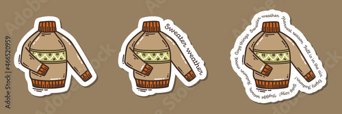 Colorful hand-drawn autumn mood stickers set with a sweater in doodle style isolated on white background. Cute vector collection for seasonal decoration.