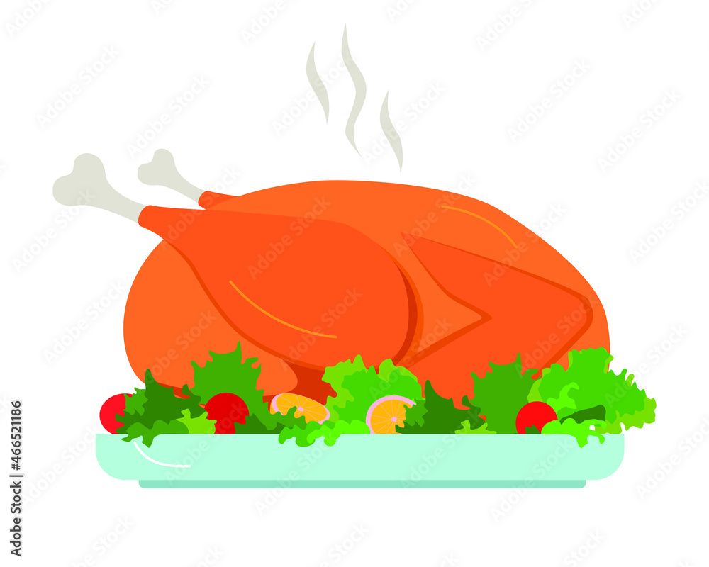 Roast turkey or chicken clip art illustration in flat cartoon vector style.  Roasted poultry on plate decorated with lettuce and tomatoes. Stock Vector  | Adobe Stock