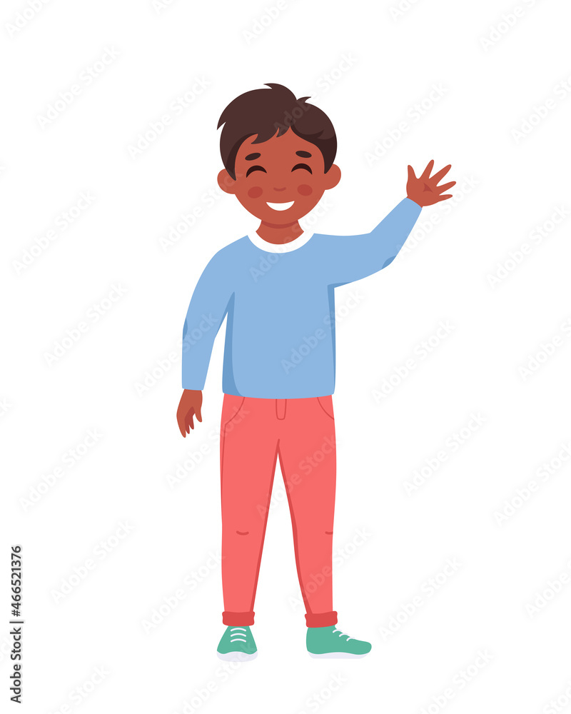 Boy smiling and waving hand. Elementary school student. Vector illustration Boy smiling and waving hand. Elementary school student. Vector illustration