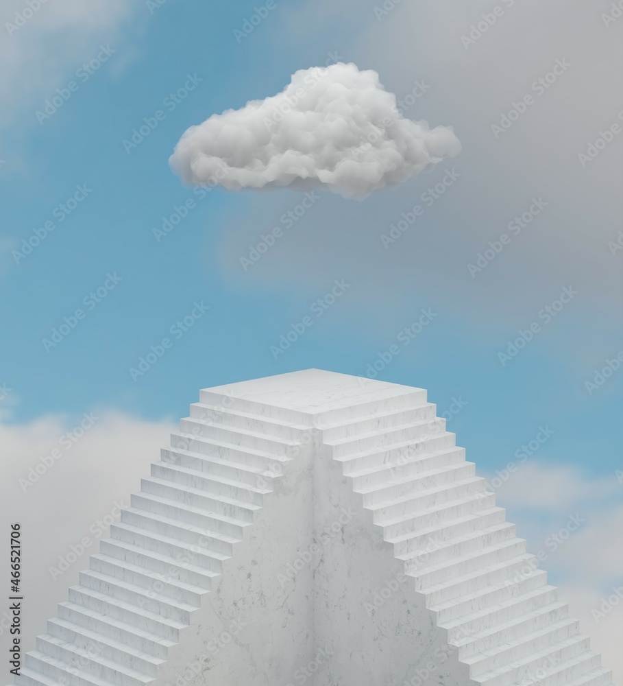 Abstract marble staircase with blank top flat showcase pedestal platform and fluffy cotton candy cloud floating above 3d render illustration Abstract marble staircase with blank top flat showcase pedestal platform and fluffy cotton candy cloud floating above 3d render illustration