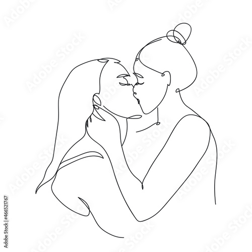 Lesbian girls are kissing. Homosexual couple, love, romantic, kiss. Women. LGBT family. Vector isolated black and white line drawing. One continuous line illustration.