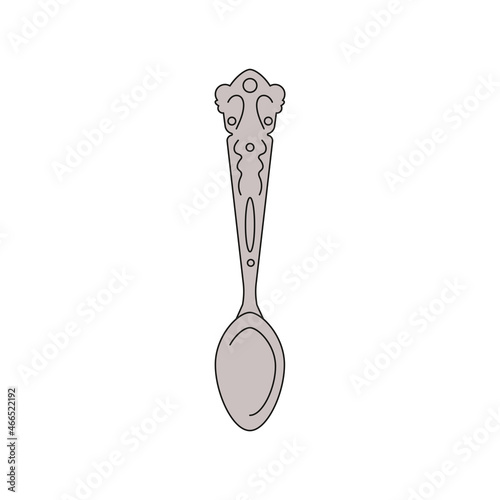 Tea time concept. Hand drawn cute teaspoon decorated with ornament, stainless steel doodle spoon. Tea concept, isolated vector illustration on white background