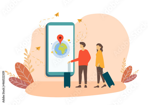Online booking service vector illustration. Woman with luggage book travel on the smartphone. Trip planning. Online reservation of plane and train tickets. Concept for website or mobile app.