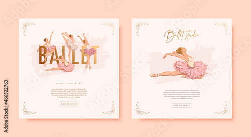Set of elegant square background with hand drawn ballerinas and golden frame. Greeting card or web banner design template. Vector illustration