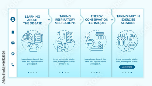 Pulmonary rehab program onboarding vector template. Responsive mobile website with icons. Web page walkthrough 4 step screens. Treatment plan color concept with linear illustrations