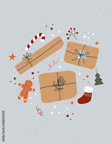 Winter holidays merry Christmas and happy new year! Vector illustrations of cute winter objects: Gifts box, fir tree branches, Christmas tree, snow, sweets, holly, bows, gingerbread.