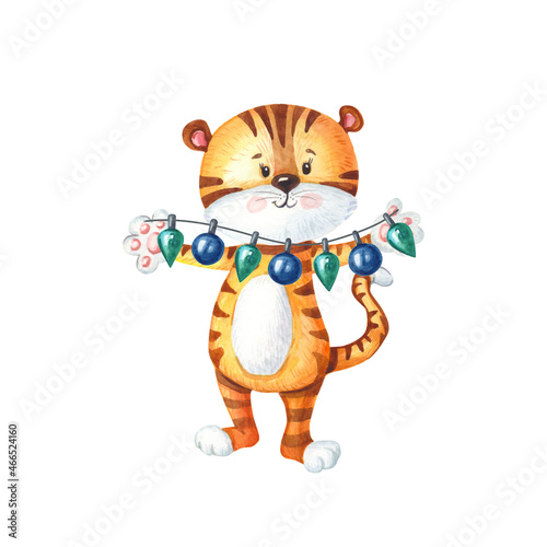 Watercolor tiger with Christmas garland of lamps. Cute animal for New Year.