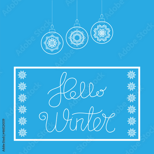 Hello Winter Typographic Poster. Hand Drawn Phrase. Lettering on Snowflake Sky Background