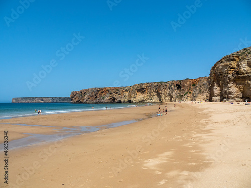 Sandy beach with bathers, Beach Praia do Beliche, Sagres, Algarve, Portugal, © David Brown
