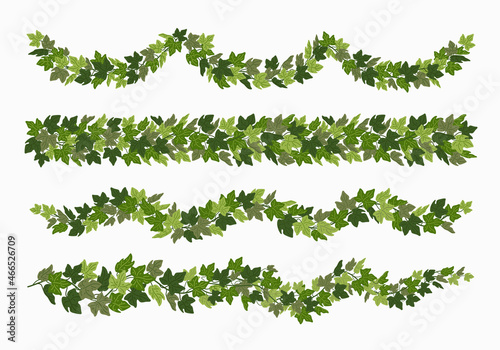 Ivy festoons and borders, green creeper decorative dividers isolated on white background. Vector illustration in flat cartoon style.