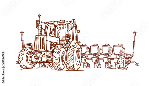 Hand-drawn farm truck tractor. Engraving
