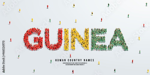 A large group of people stands, making up the word Guinea. Guinea flag made from people crowd. Vector illustration isolated on white background.