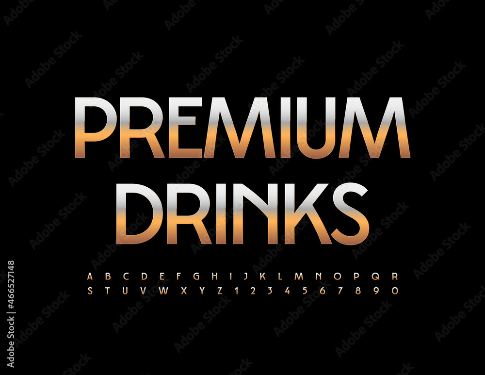 Vector Stylish Sign Premium Drinks. Modern Elegant Font. Golden Alphabet Letters and Numbers set