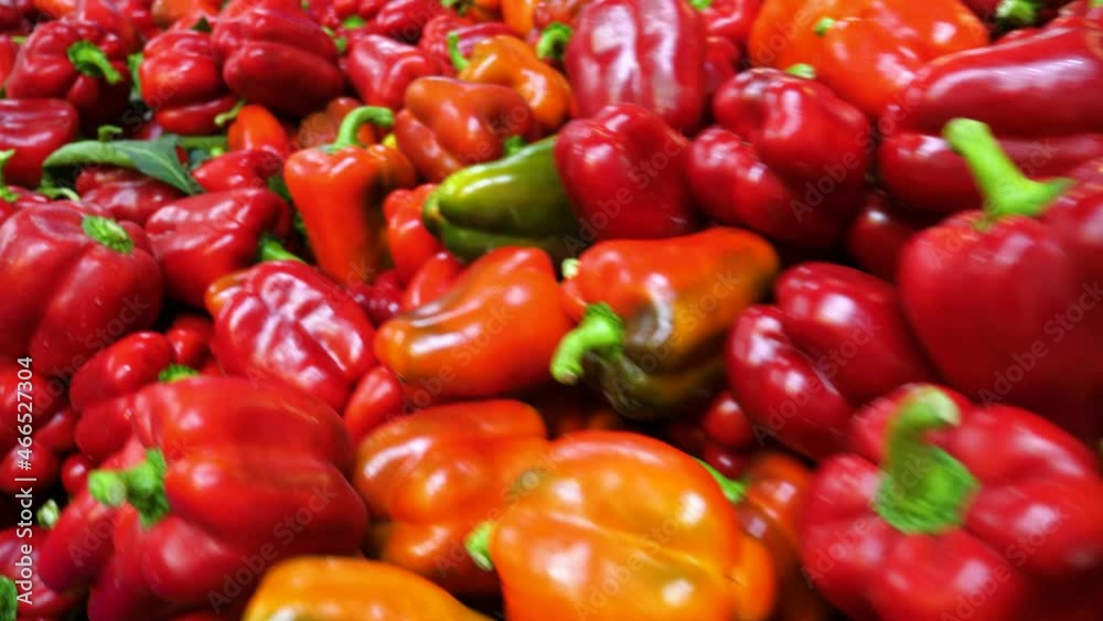 Shot of workers hand picking and placing red bell peppers on conveyor belt for further processing in the food industry factory. Concept of agriculture factory. Fresh organic vegetable merchandise Shot of workers hand picking and placing red bell peppers on conveyor belt for further processing in the food industry factory. Concept of agriculture factory. Fresh organic vegetable merchandise
