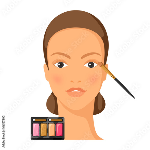 Process of applying eye shadow to face. Illustration of beautiful woman with make up.