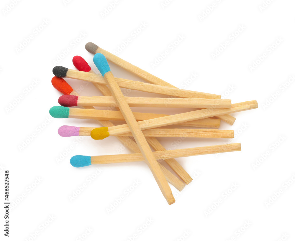 Matches with colorful heads on white background, top view Matches with colorful heads on white background, top view