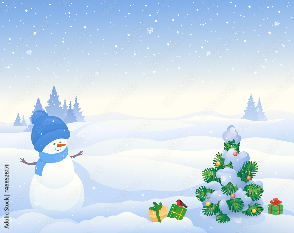 Christmas snowy scene with snowman and Christmas tree