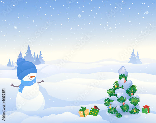 Christmas snowy scene with snowman and Christmas tree © Merggy