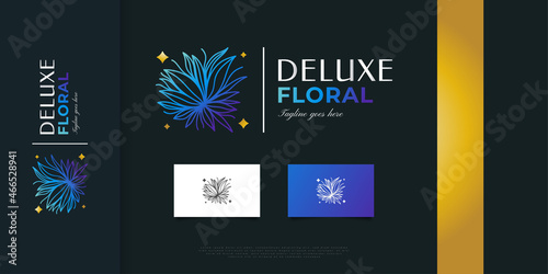 Luxurious and Minimalist Floral Logo in Blue and Gold Style in Linear Concept. Floral Logo, Can Be Used for Beauty, Jewelry, Fashion and Spa Industries
