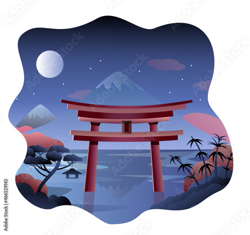 Bright illustration with mountain, asian torii gate, sunset and sea landscape. Japanese seascape. 