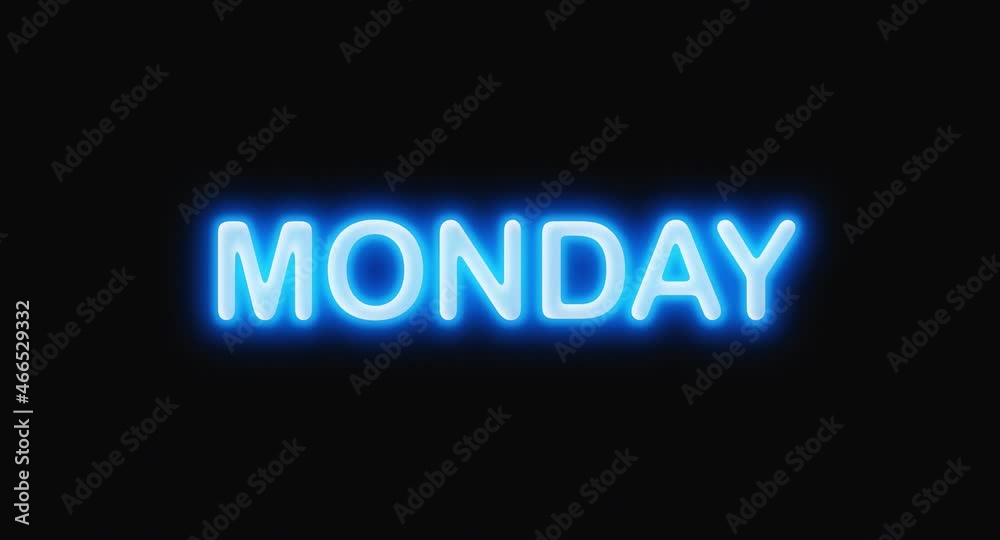 Monday blinking blue neon word week day starting working weekday motion design animation isolated