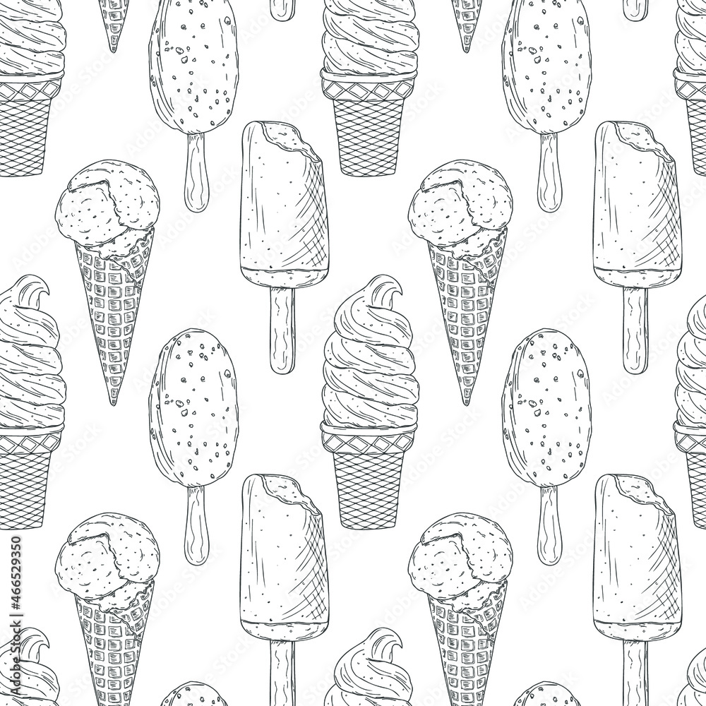 Vector seamless pattern with hand drawn outline different ice cream ...