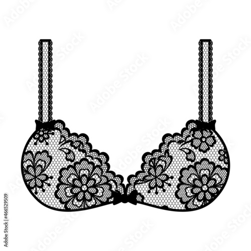 Illustration of female lacy bra. Vintage lace background, floral ornament.