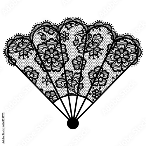 Illustration of female lacy fan. Vintage lace background, floral ornament.