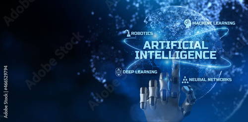 Artificial intelligence Deep machine learning. Robotic arm 3d rendering.