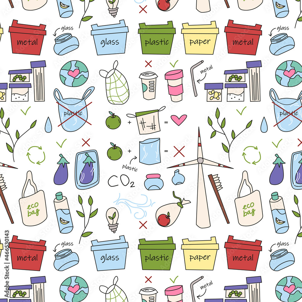 ecology concept. hand drawn colored seamless pattern with doodle ecology elements. eco bag, no plastic, plastic bag, eco brush, metal straw, recycle, trash bin, plastic coffee cup