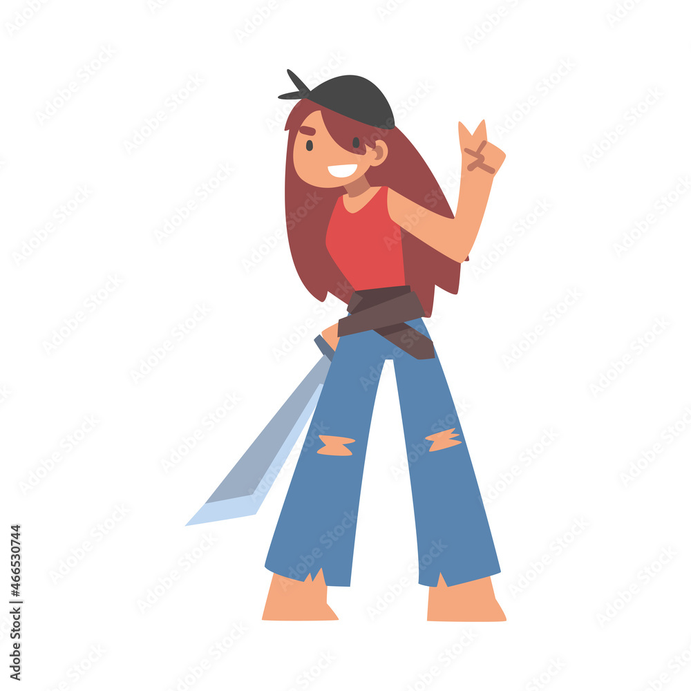 Woman Pirate or Buccaneer Character with Sabre as Marine Robber Showing V Sign Vector Illustration Woman Pirate or Buccaneer Character with Sabre as Marine Robber Showing V Sign Vector Illustration