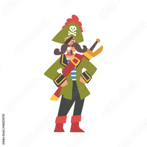 Mustached Man Pirate or Buccaneer Character with Sabre and Hat with Crossed Bones as Marine Robber Vector Illustration