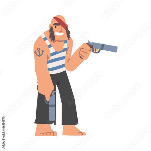 Brutal Man Pirate or Buccaneer Character in Striped Vest as Marine Robber with Pistol Aiming Vector Illustration