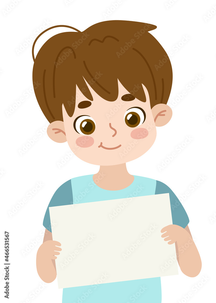 Cute cartoon boy holding empty banner in his hands. Young kid show blank paper sheet and smiling. Adorable child with white paper.