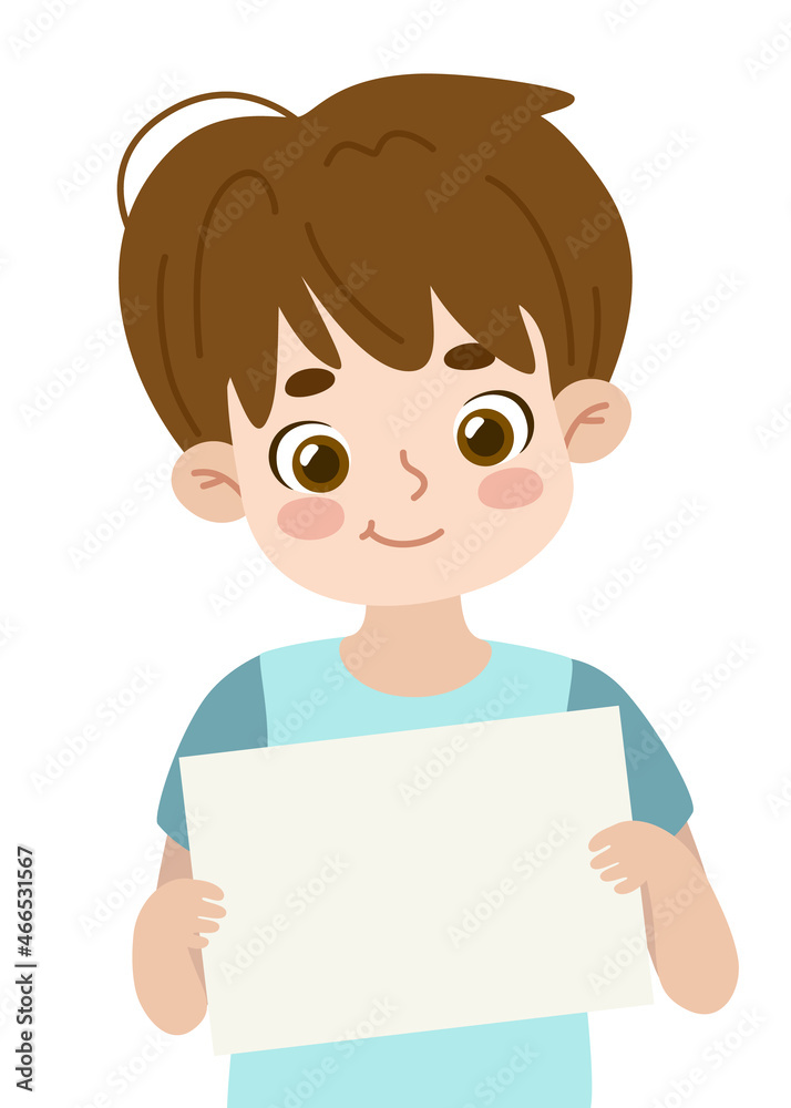 Cute cartoon boy holding empty banner in his hands. Young kid show blank paper sheet and smiling. Adorable child with white paper. Cute cartoon boy holding empty banner in his hands. Young kid show blank paper sheet and smiling. Adorable child with white paper.