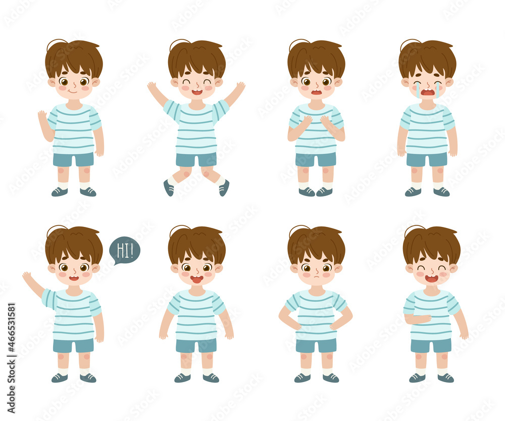 Cute cartoon little boy set of expressions. Collection of kids expressions. Funny child character in various pose. Cute cartoon little boy set of expressions. Collection of kids expressions. Funny child character in various pose.