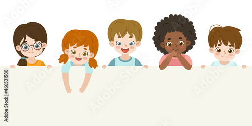 Cartoon kids holding blank banner. Cute funny little children stick out empty placard.