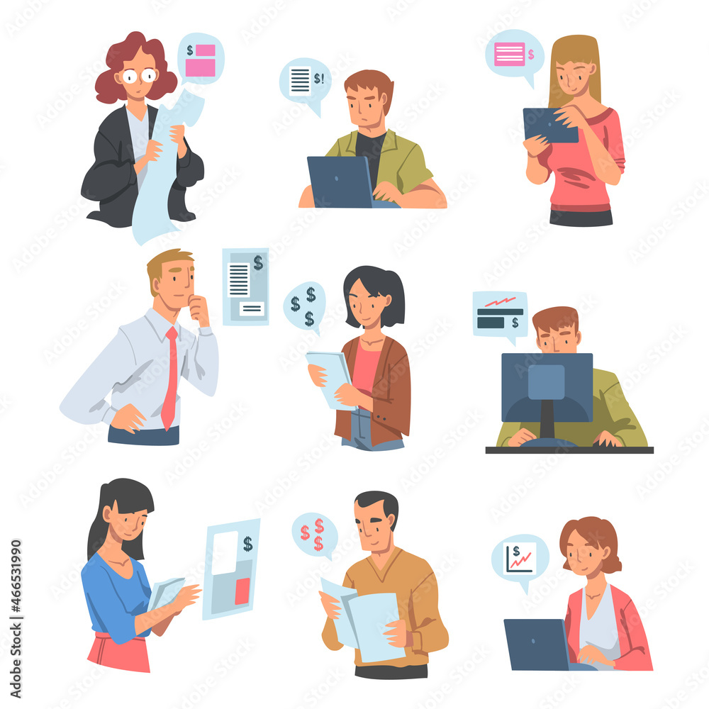 People Character Analyzing Financial Profit Growth and Evaluating Revenue and Expense Vector Set People Character Analyzing Financial Profit Growth and Evaluating Revenue and Expense Vector Set