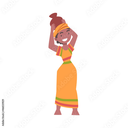 Barefoot African Aboriginal Woman Character Dressed in Traditional Tribal Clothing Carrying Vase on Her Head Vector Illustration