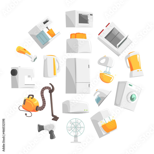 Cartoon Home Electronics and Appliance with Vacuum Cleaner and Fridge Arranged in Circle Vector Template